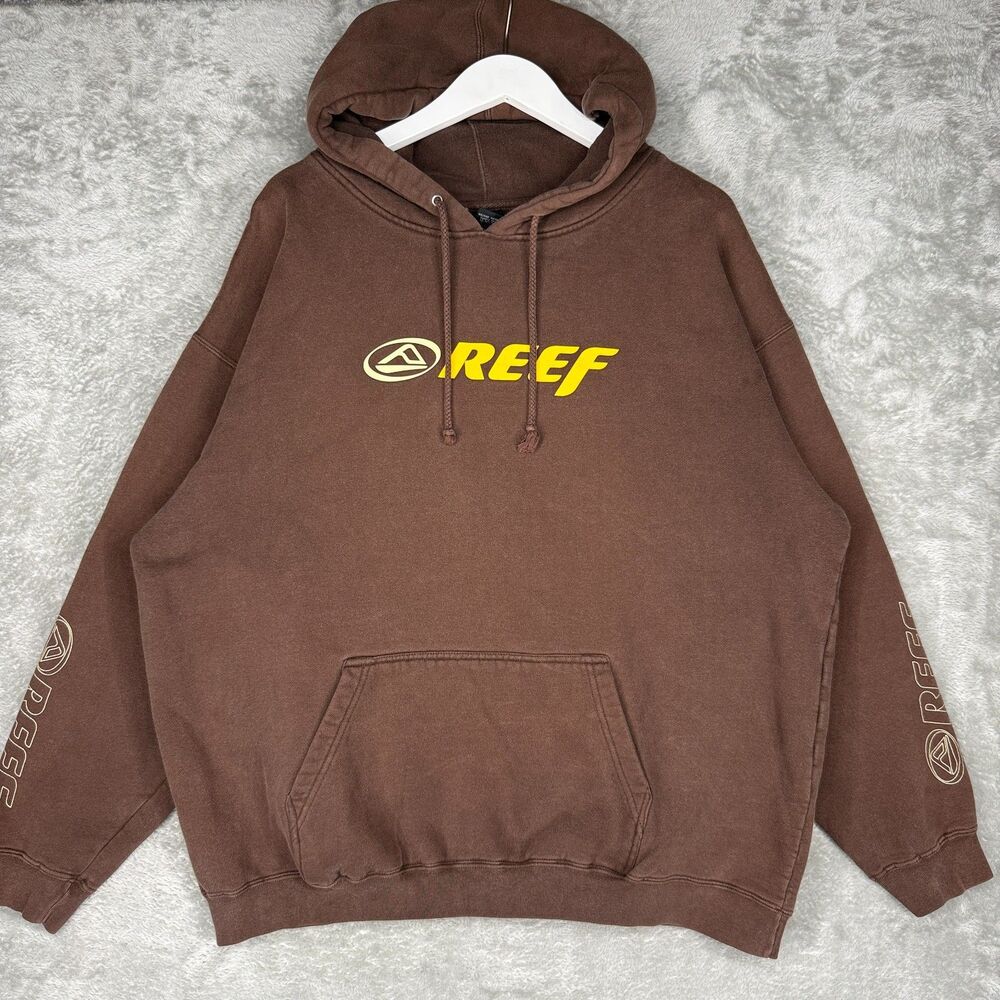 Vtg Y2K Reef Hoodie Mens XL Brown Sleeve Spellout Surf Skate Faded Heavyweight